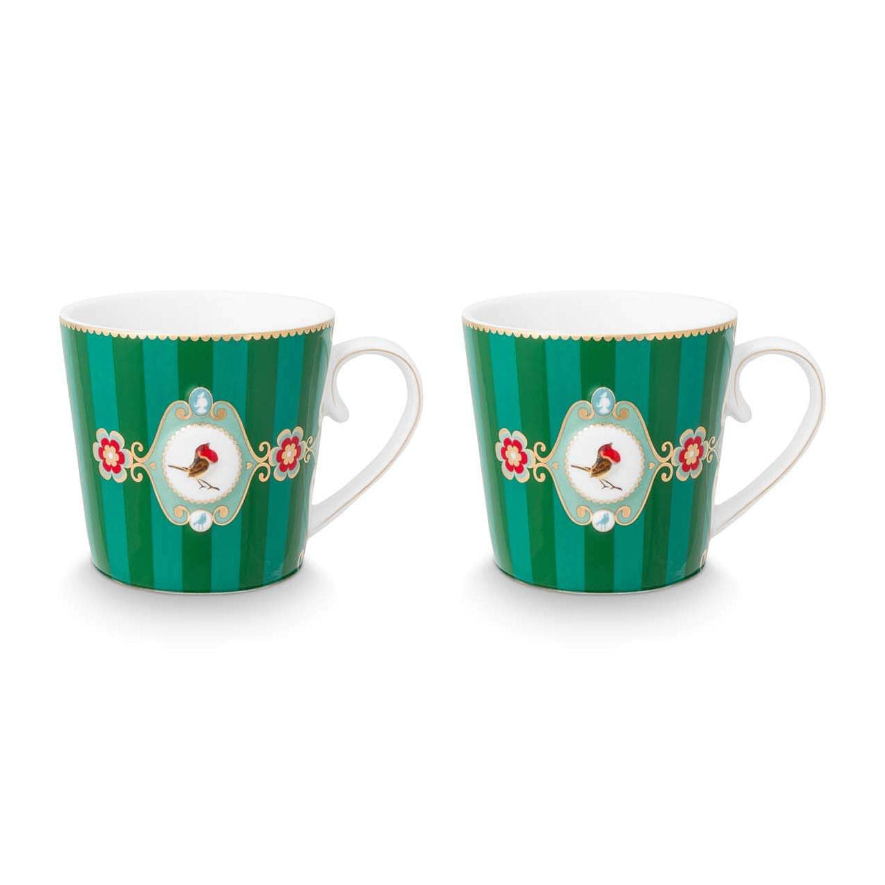 Pip Studio Large Love Birds Medallion Stripes Emerald Green Gift Box - 2 Mugs Set