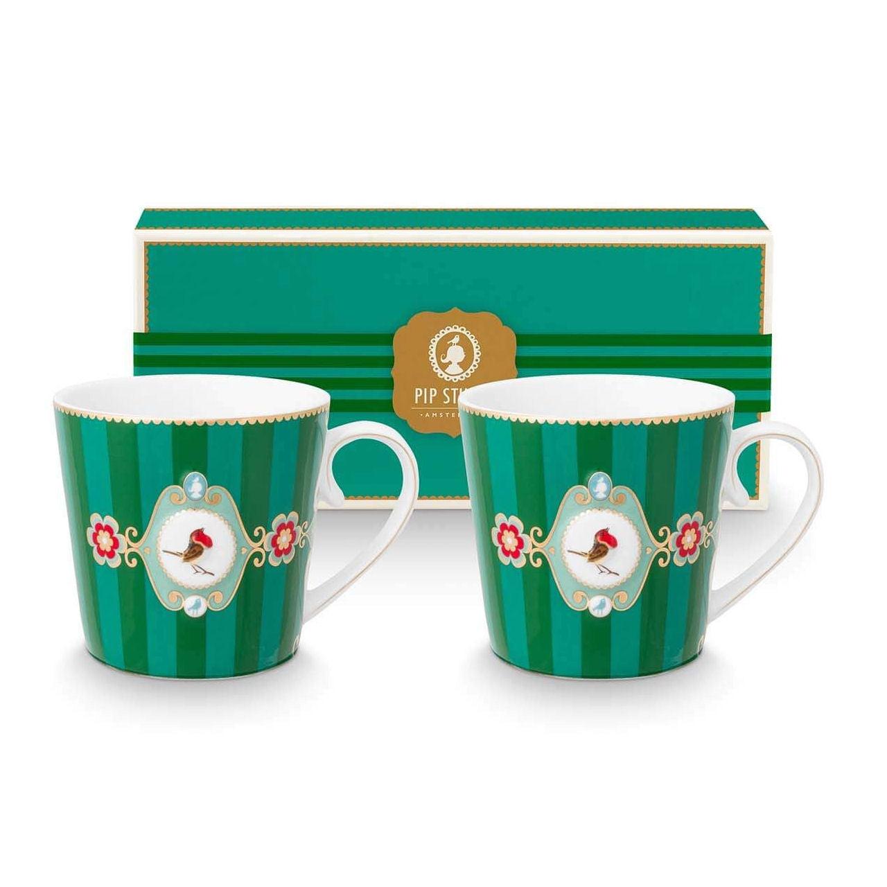 Pip Studio Large Love Birds Medallion Stripes Emerald Green Gift Box - 2 Mugs Set