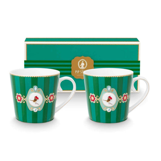 Pip Studio Large Love Birds Medallion Stripes Emerald Green Gift Box - 2 Mugs Set