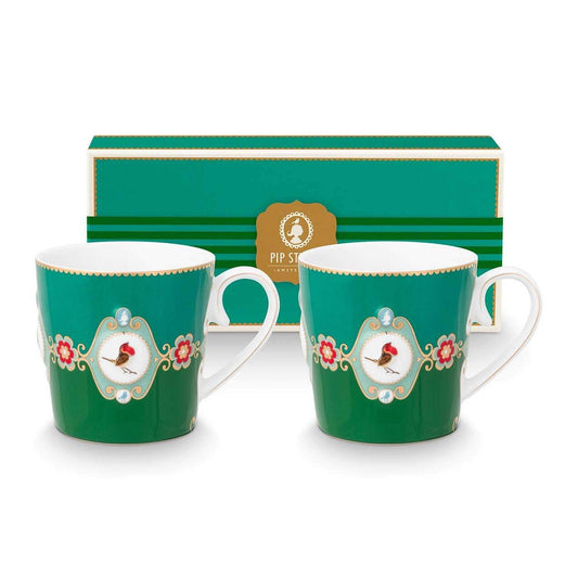 Pip Studio Large Love Birds Medallion Emerald-Green Gift Box - 2 Mugs Set
