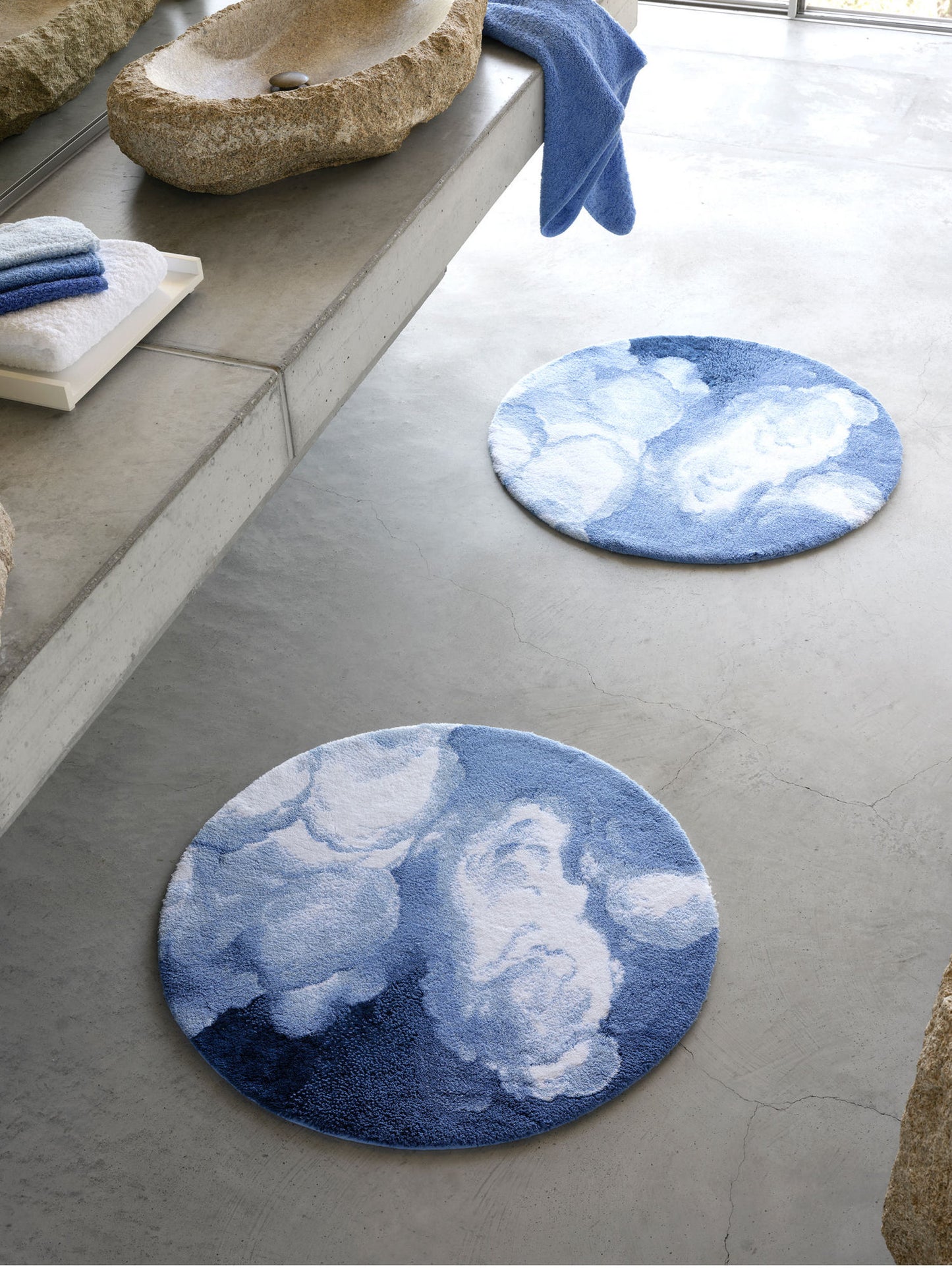 White & Powder Blue Egyptian Cotton Bath Mat Walker by Abyss & Habidecor
