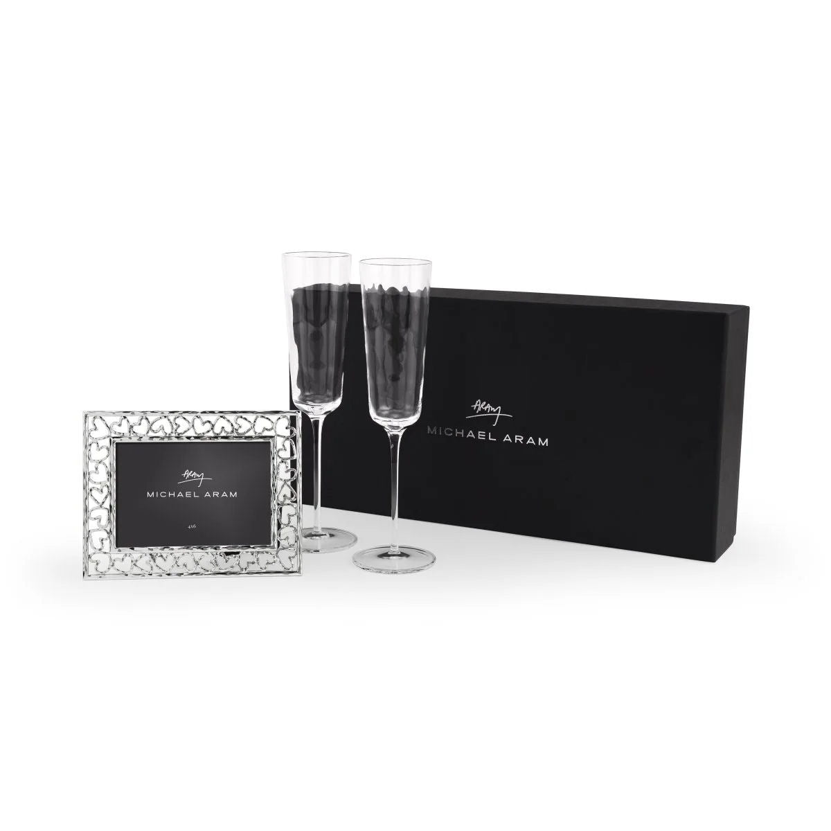 Michael Aram Reflective Champagne Flute & Heart Frame 3.5" x 5" Packaged Gift Set