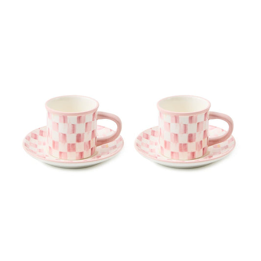 Rosy Check Espresso Cup & Saucer, Set of 2