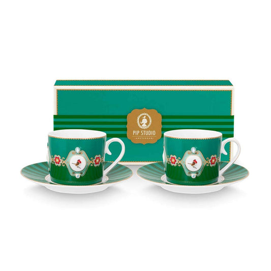 Set of 2 Espresso Cups & Saucers Love Birds Emerald-Pink - Pip Studio