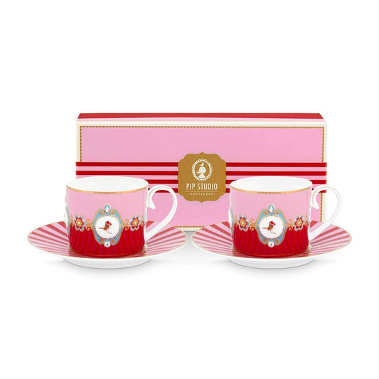 Set of 2 Espresso Cups & Saucers Love Birds Red-Pink - Pip Studio