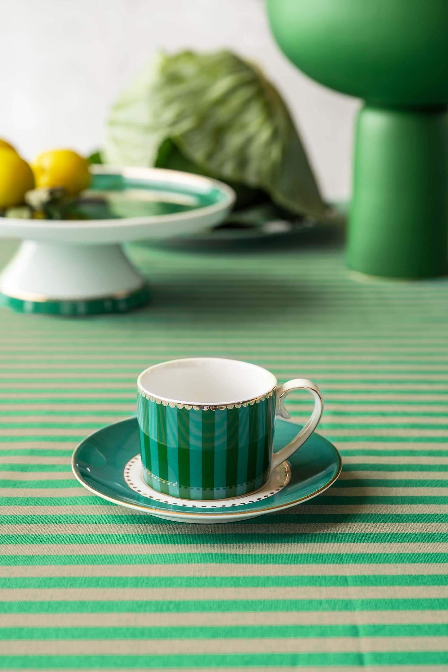Set of 2 Espresso Cups & Saucers Love Birds Stripes Emerald-Green - Pip Studio