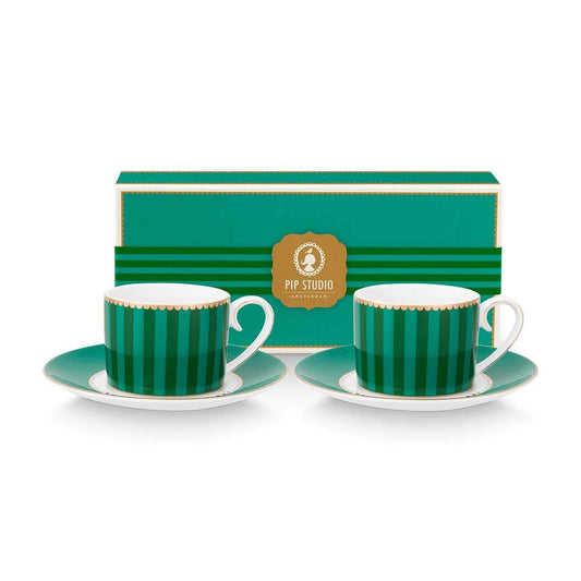 Set of 2 Espresso Cups & Saucers Love Birds Stripes Emerald-Green - Pip Studio