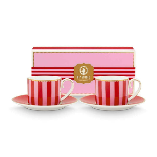 Set of 2 Espresso Cups & Saucers Love Birds Stripes Red-Pink - Pip Studio