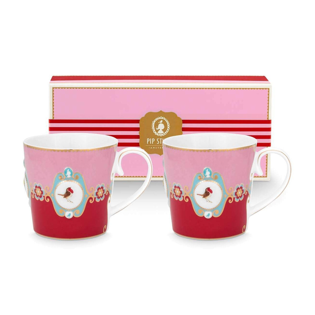 Pip Studio Large Love Birds Medallion Red-Pink Gift Box - 2 Mugs Set