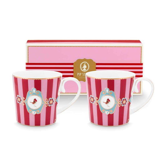 Pip Studio Large Love Birds Medallion Stripes Red-Pink Gift Box - 2 Mugs Set