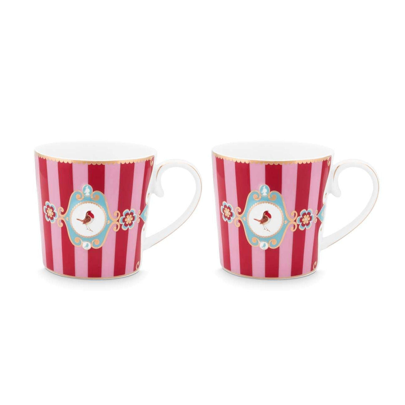 Pip Studio Small Love Birds Medallion Stripes Red/Pink Gift Box - 2 Mugs Set
