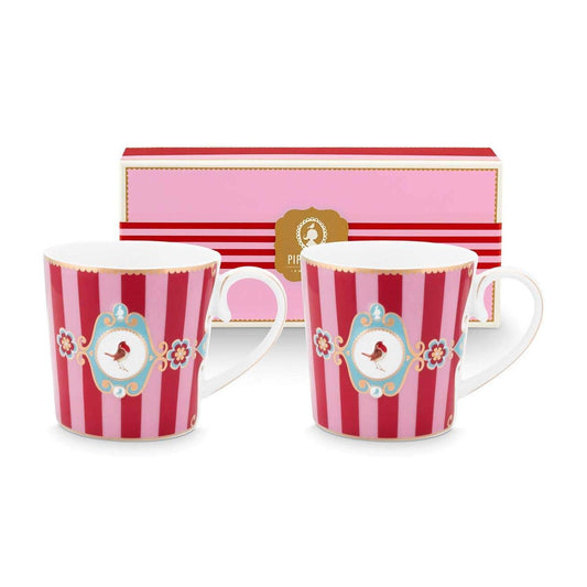 Pip Studio Small Love Birds Medallion Stripes Red/Pink Gift Box - 2 Mugs Set