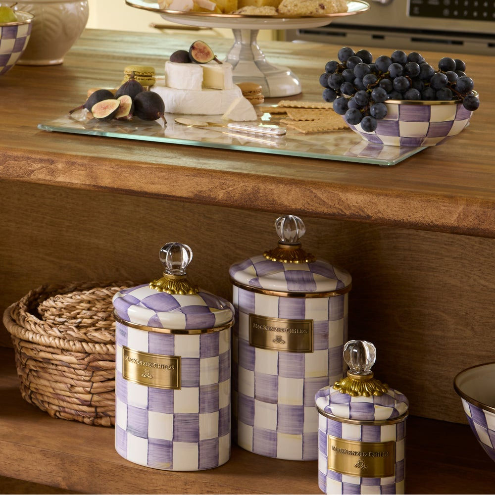 Violet Check Enamel Canisters - Set of 3