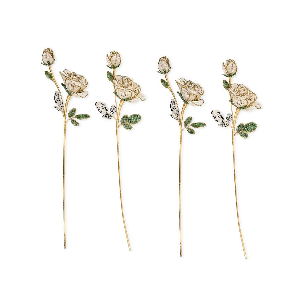 White Rose Beaded Stems, Set of 4