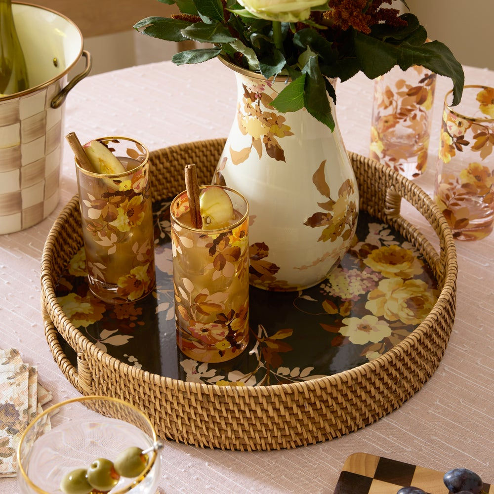 MacKenzie-Childs Wild Rose Brown Enamel & Rattan Round Serving Tray