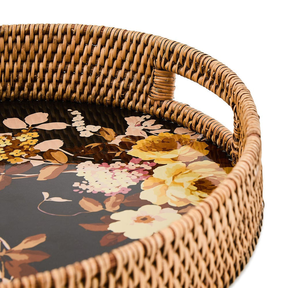 MacKenzie-Childs Wild Rose Brown Enamel & Rattan Round Serving Tray