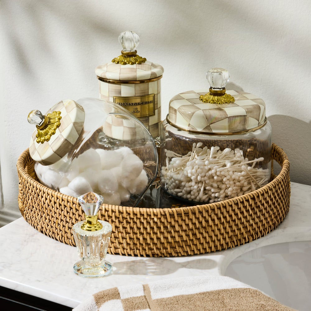 MacKenzie-Childs Wild Rose Brown Enamel & Rattan Round Serving Tray