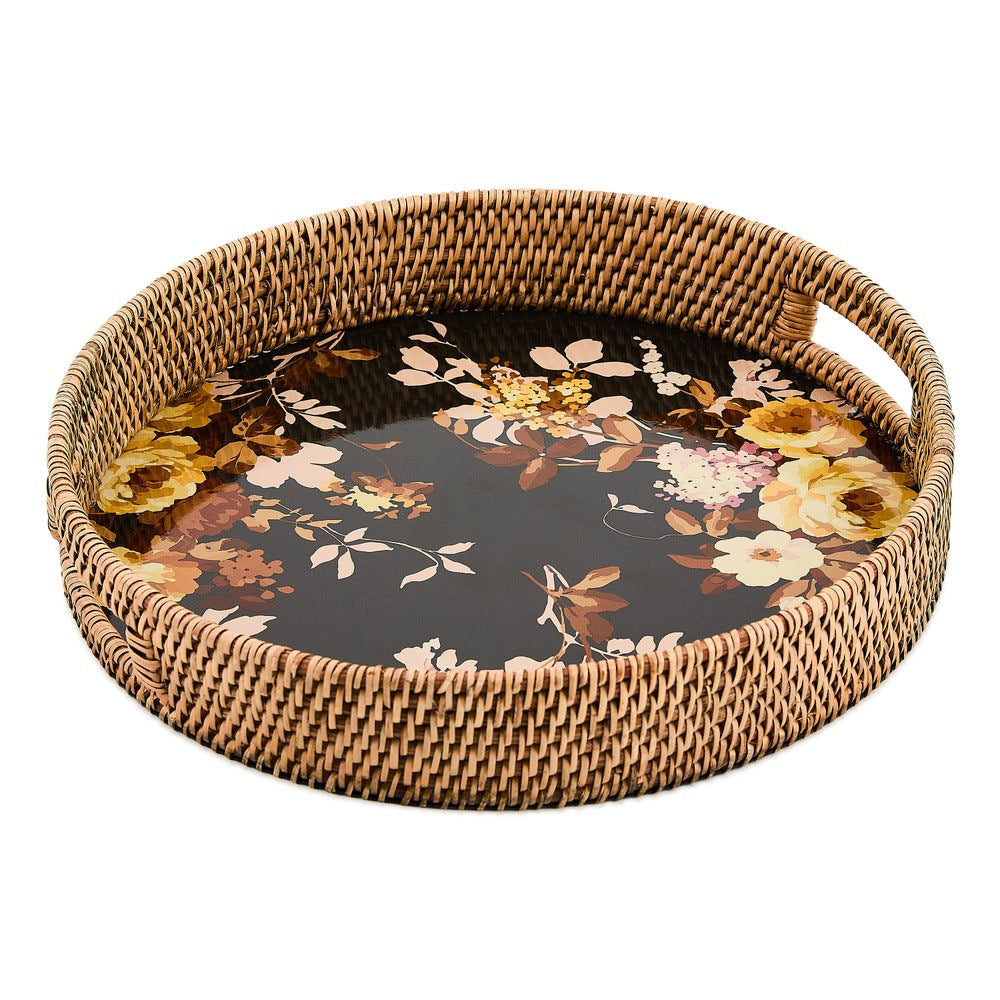 MacKenzie-Childs Wild Rose Brown Enamel & Rattan Round Serving Tray