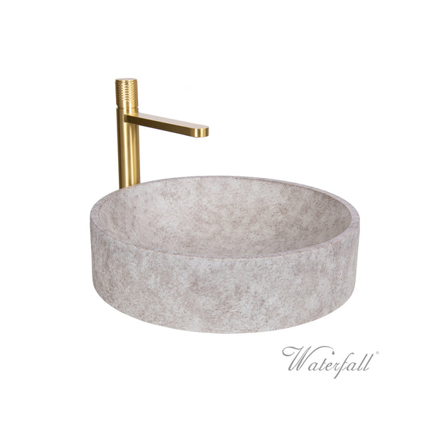 Natural Beige Skirted Concrete Sink with Satin Gold Faucet
