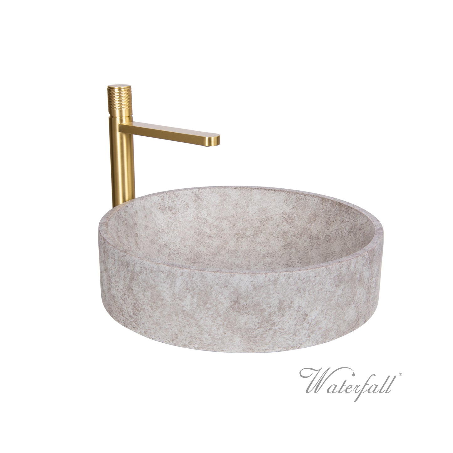 Natural Beige Skirted Concrete Sink with Satin Gold Faucet - |VESIMI Design| Luxury and Rustic bathrooms online