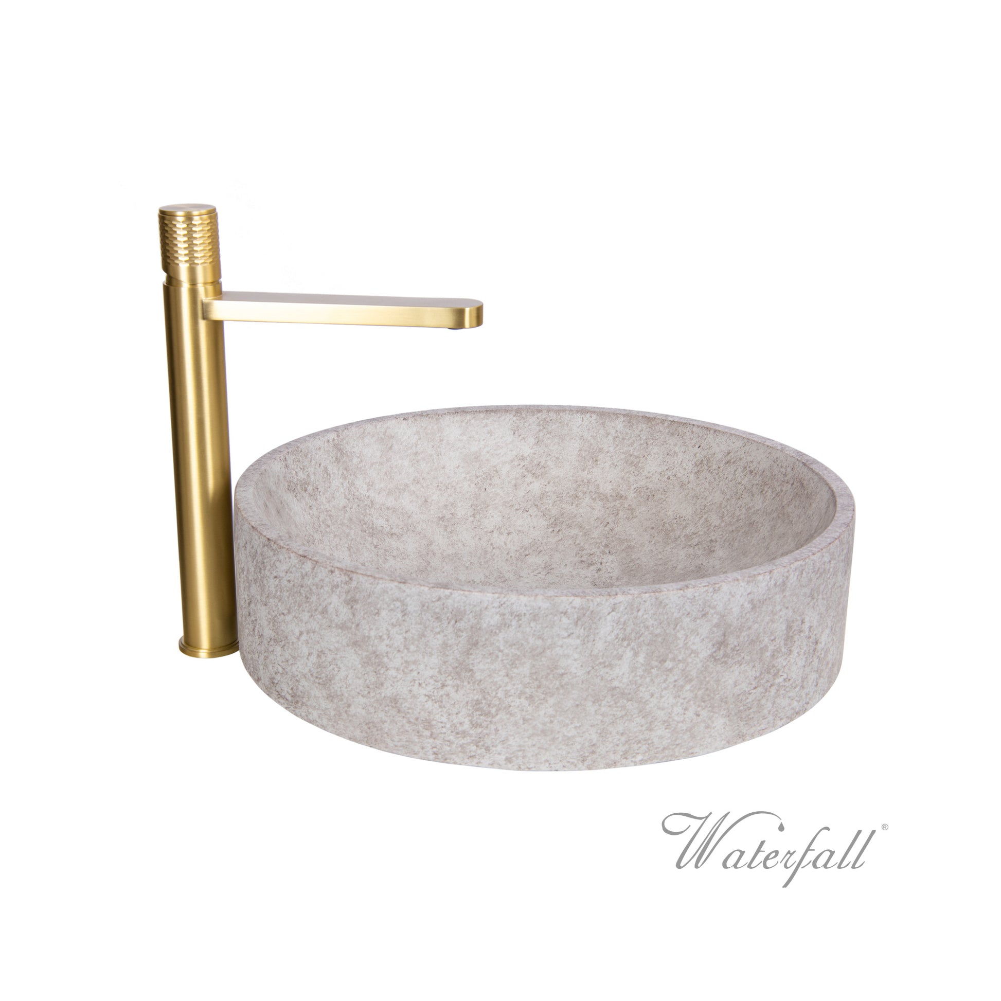 Natural Beige Skirted Concrete Sink with Satin Gold Faucet - |VESIMI Design| Luxury and Rustic bathrooms online