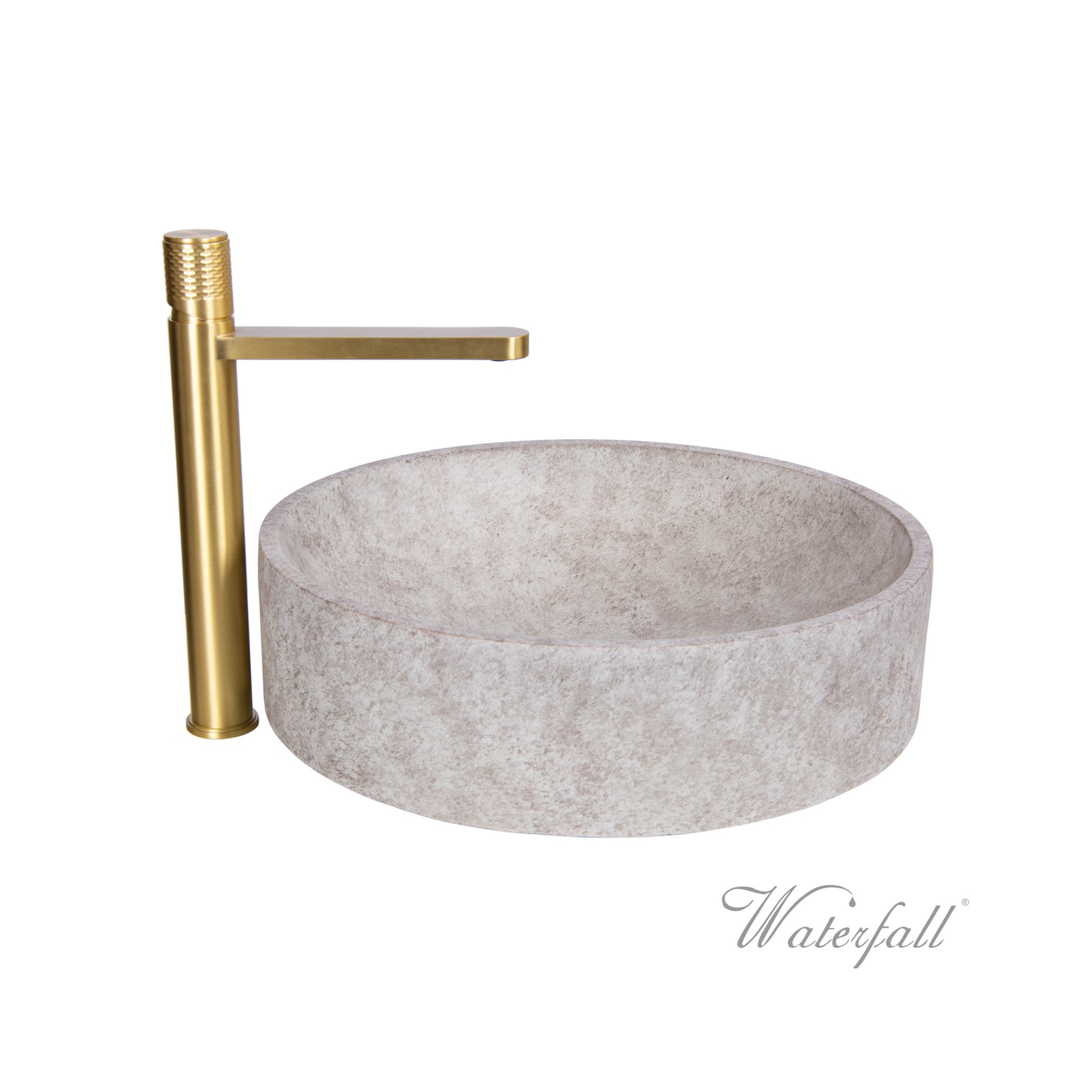 Natural Beige Skirted Concrete Sink with Satin Gold Faucet - |VESIMI Design| Luxury and Rustic bathrooms online