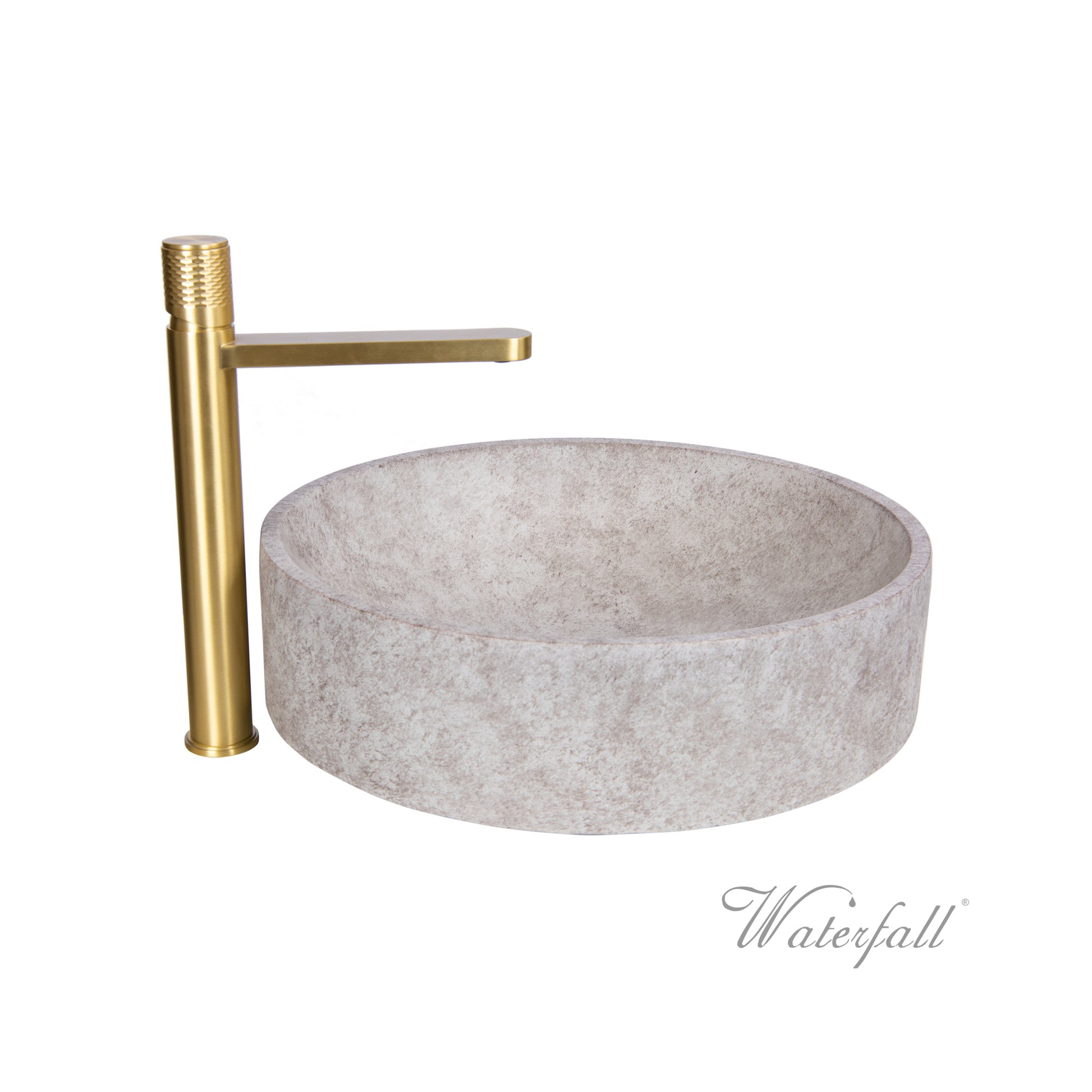 Natural Beige Skirted Concrete Sink with Satin Gold Faucet - |VESIMI Design| Luxury and Rustic bathrooms online