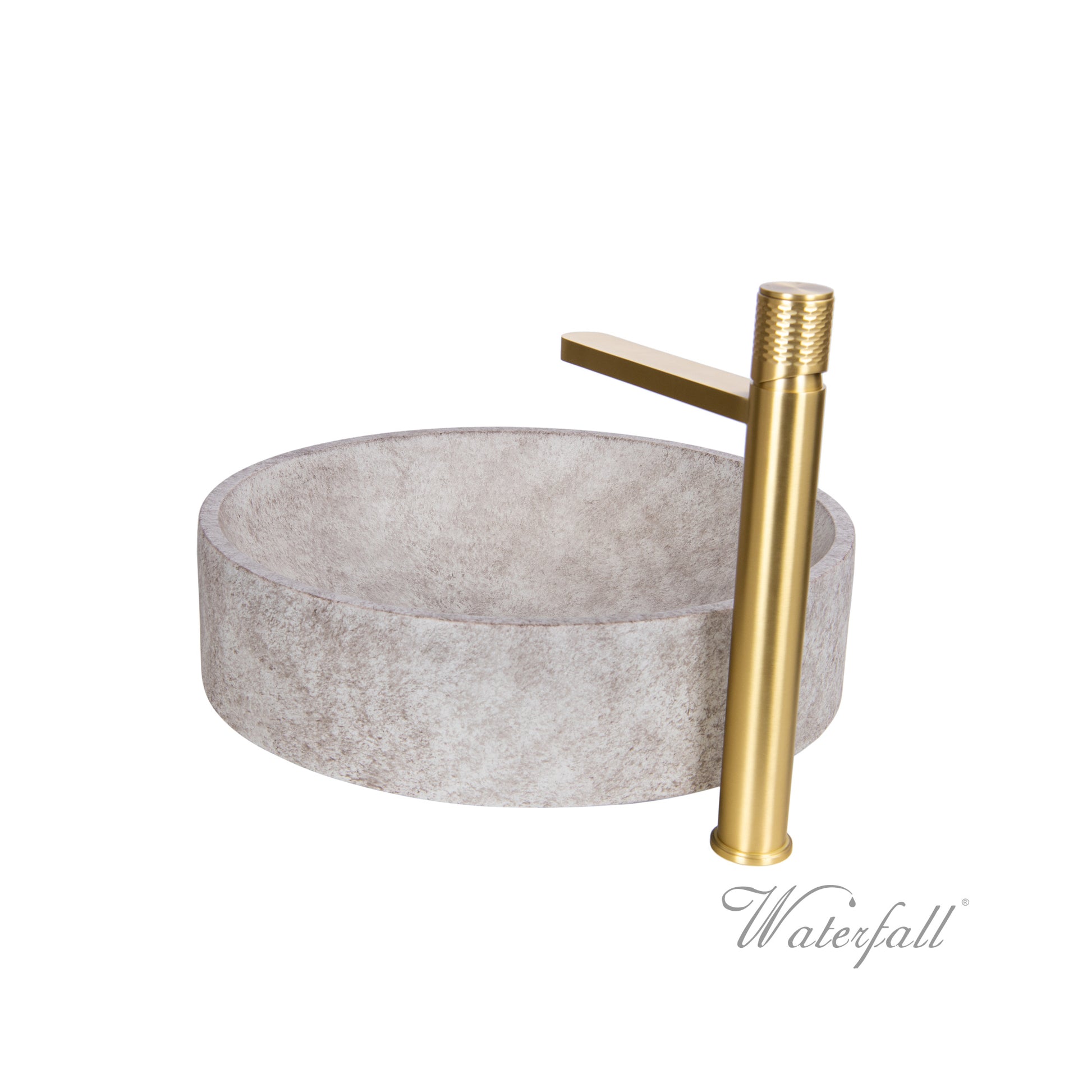 Natural Beige Skirted Concrete Sink with Satin Gold Faucet - |VESIMI Design| Luxury and Rustic bathrooms online