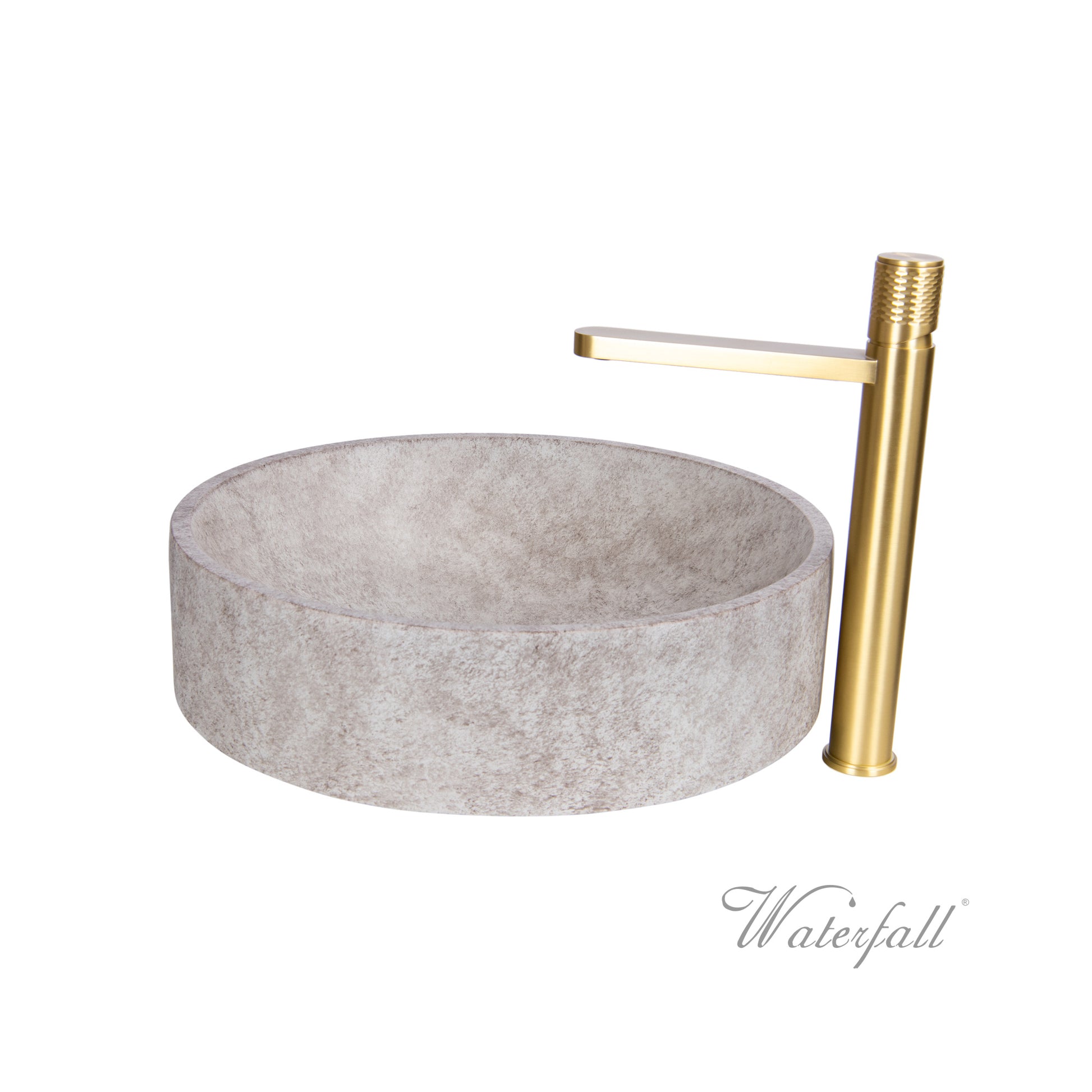 Natural Beige Skirted Concrete Sink with Satin Gold Faucet - |VESIMI Design| Luxury and Rustic bathrooms online