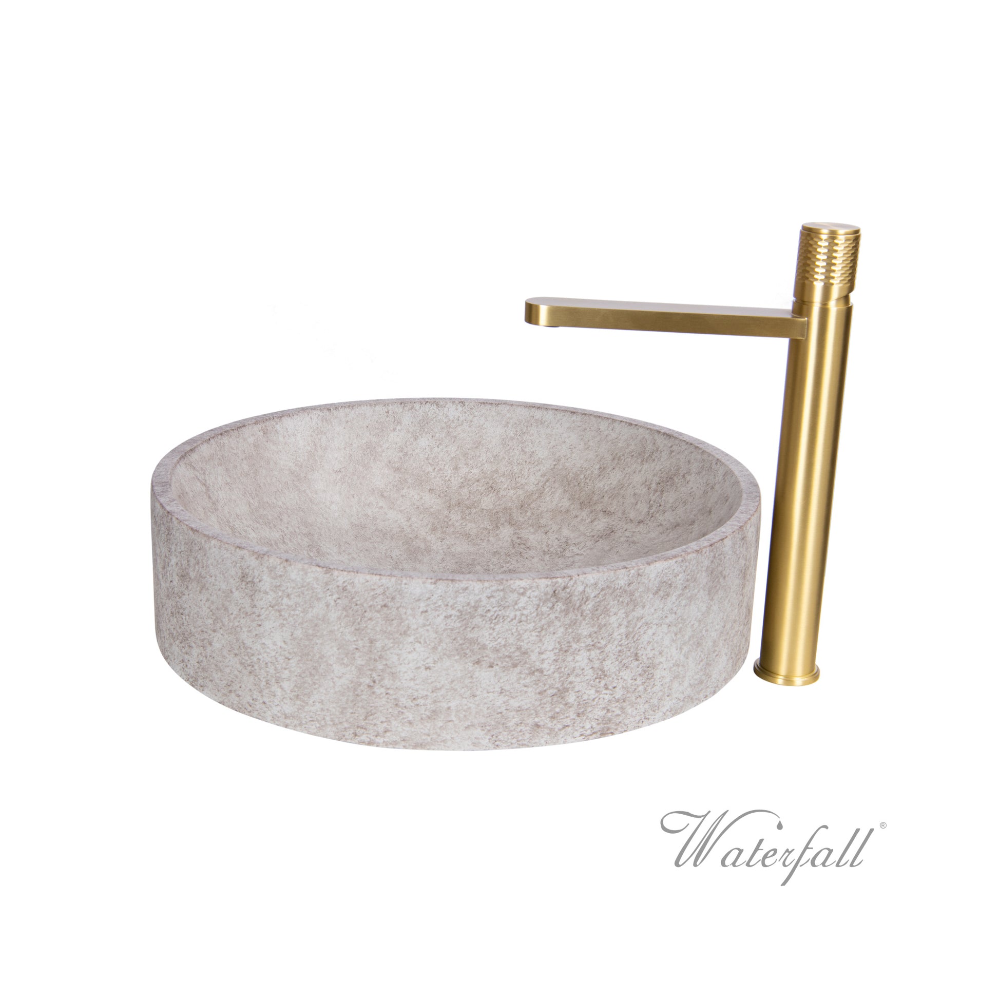 Natural Beige Skirted Concrete Sink with Satin Gold Faucet - |VESIMI Design| Luxury and Rustic bathrooms online