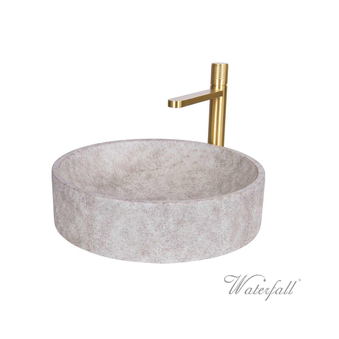 Natural Beige Skirted Concrete Sink with Satin Gold Faucet - |VESIMI Design| Luxury and Rustic bathrooms online