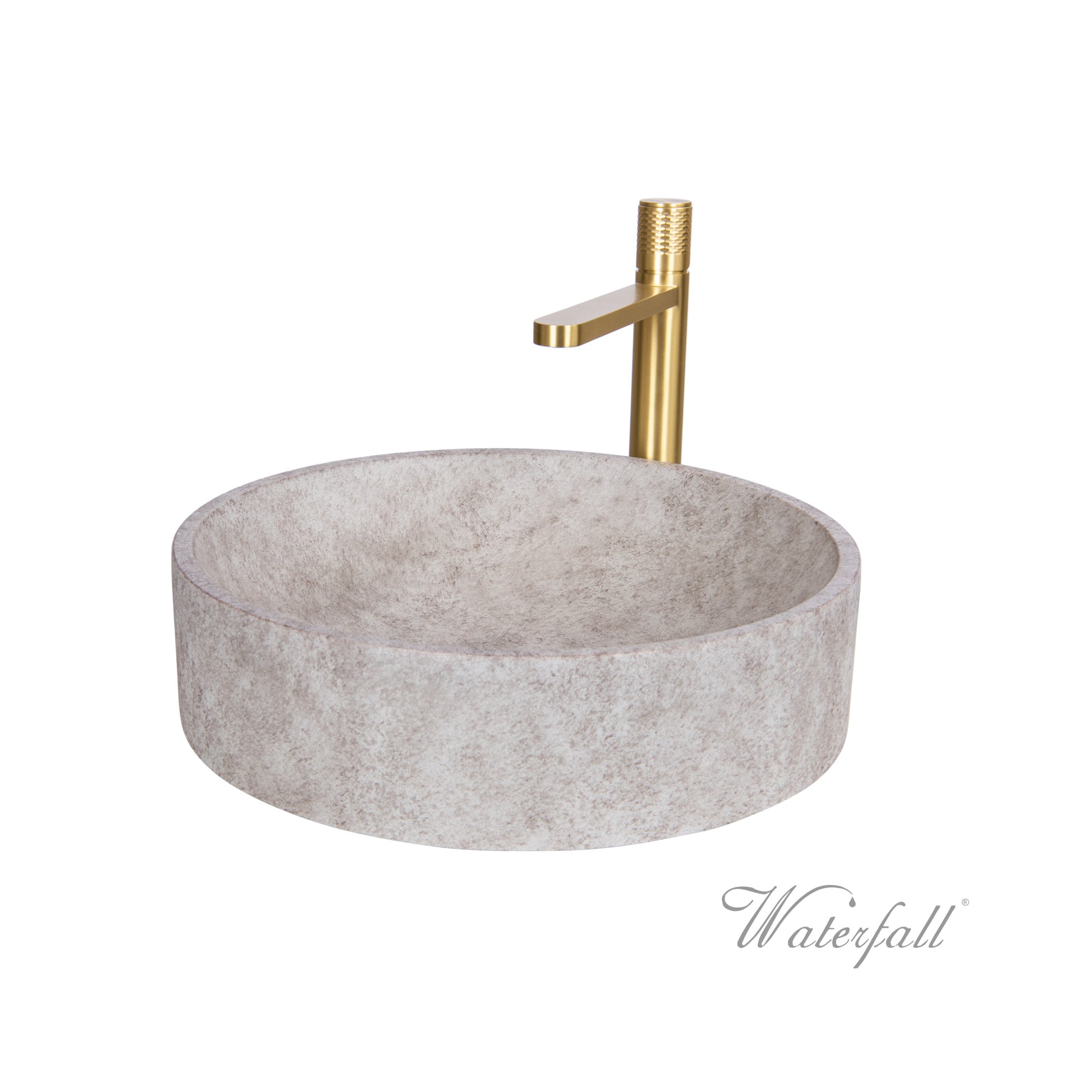 Natural Beige Skirted Concrete Sink with Satin Gold Faucet - |VESIMI Design| Luxury and Rustic bathrooms online