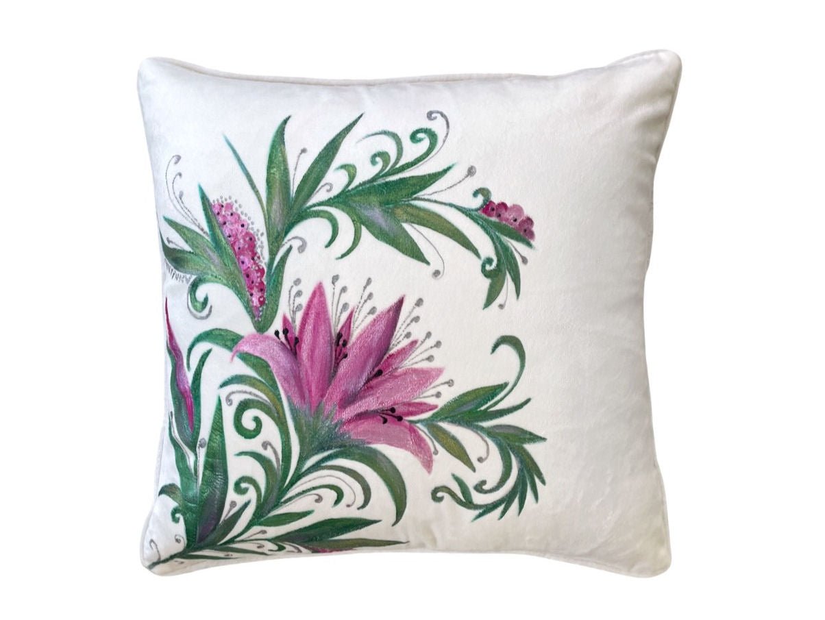 Anna Anna® Luxury Handpainted White Lily Velvet Cushion - |VESIMI Design| Luxury and Rustic bathrooms online