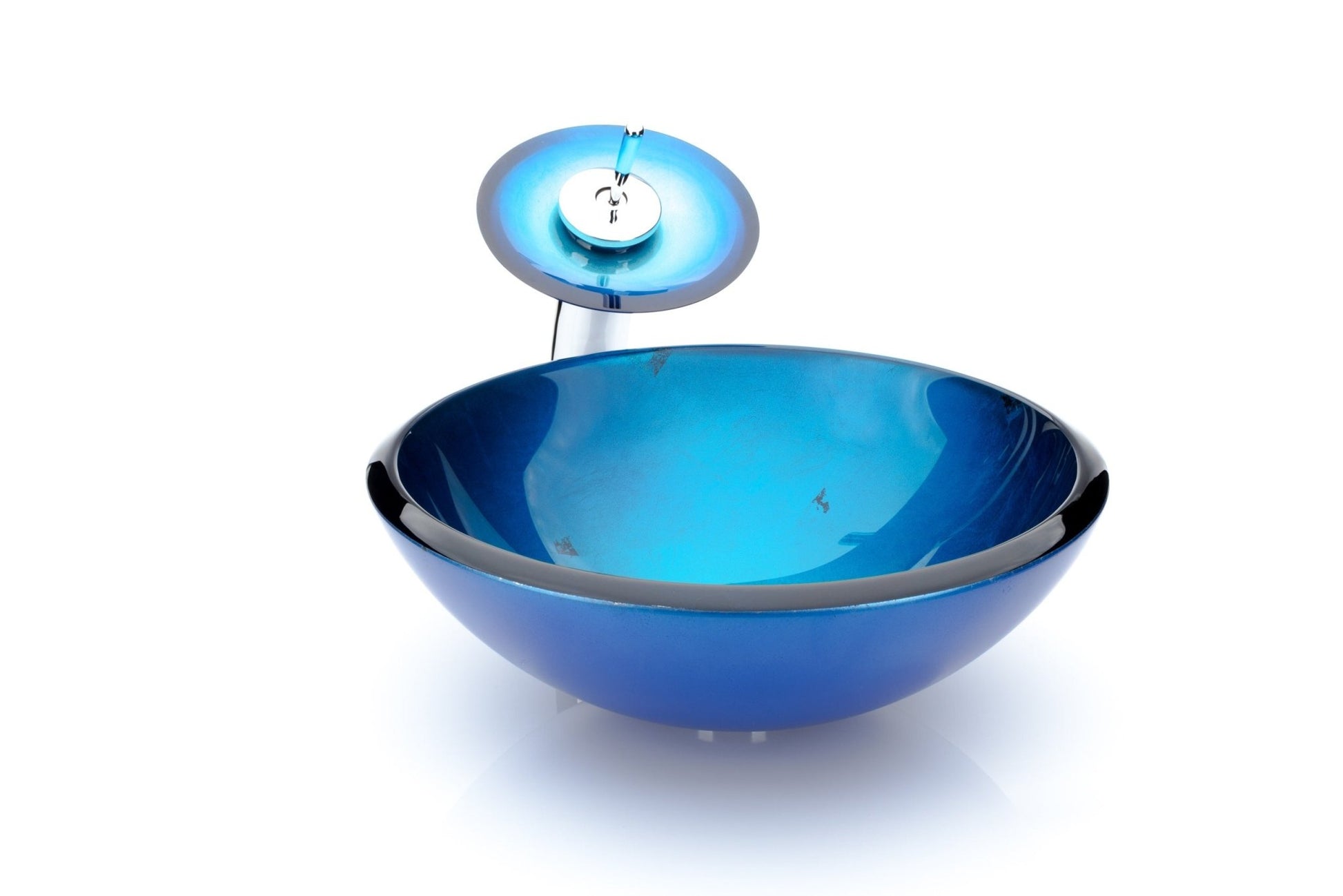 Blue Leaf Round Glass Vessel Sink Combo Waterfall Faucet Set - |VESIMI Design|