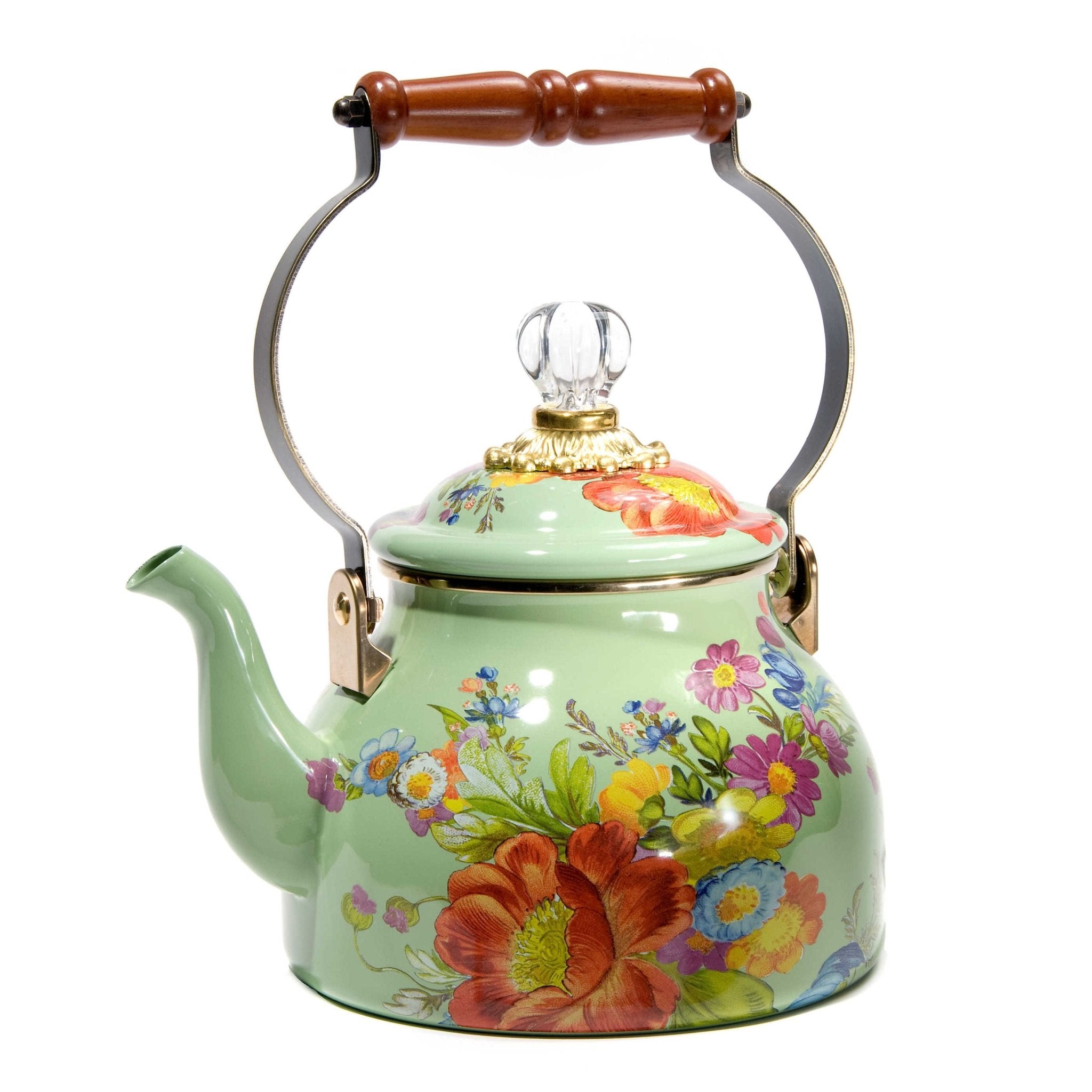 Flower Market Green Enamel Tea Kettle by Mackenzie Childs VESIMI Design Luxury Bathrooms and Home Decor