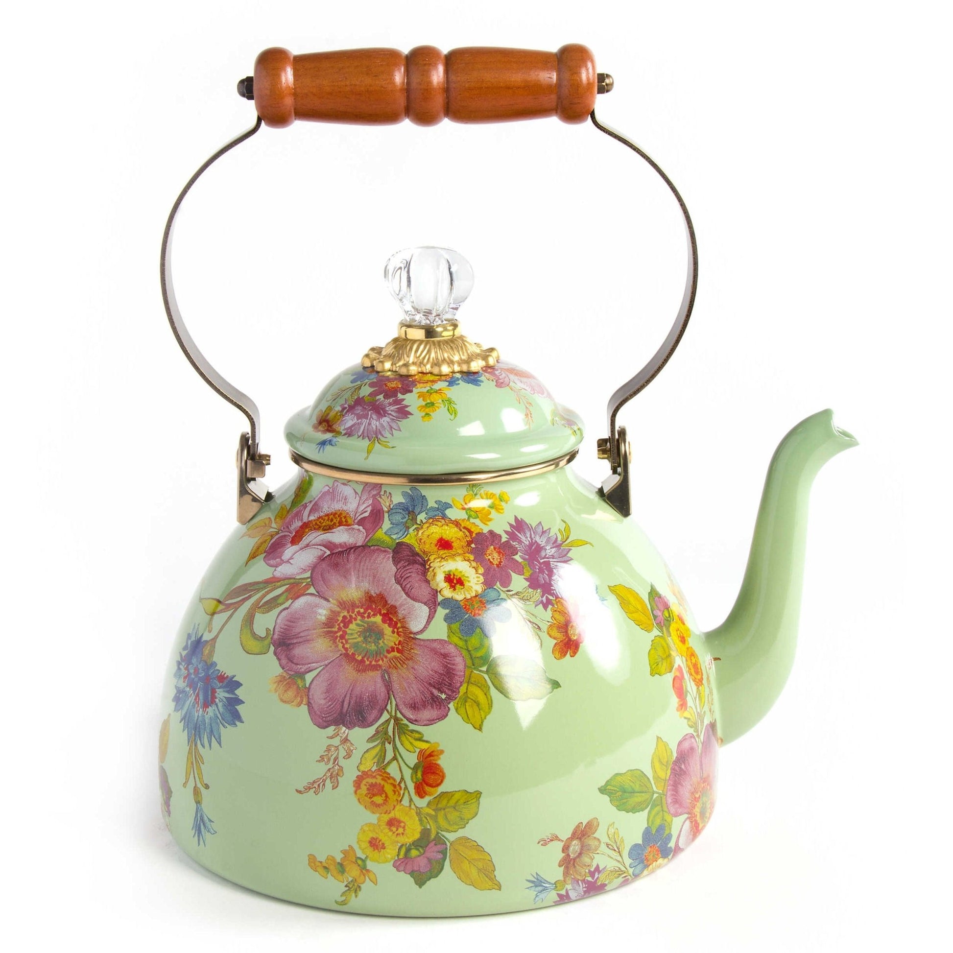 Flower Market Green Enamel Tea Kettle by Mackenzie-Childs 2.84L - |VESIMI Design| Luxury and Rustic bathrooms online