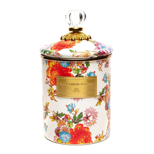 Flower Market White Enamel Kitchen Canister with Lid Medium - |VESIMI Design|