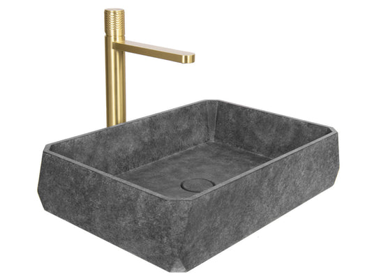 Grey Concrete Bathroom Sink With Opera Satin Gold Faucet - |VESIMI Design| Luxury and Rustic bathrooms online