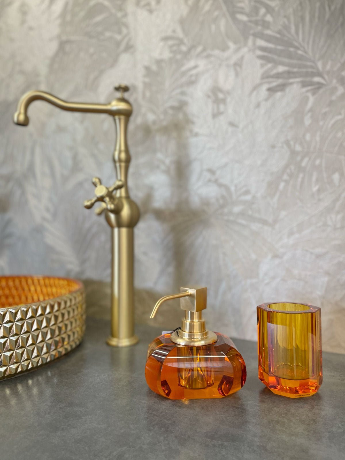 Luxury Amber Gold Crystal Glass Toothbrush Tumbler Holder - |VESIMI Design|