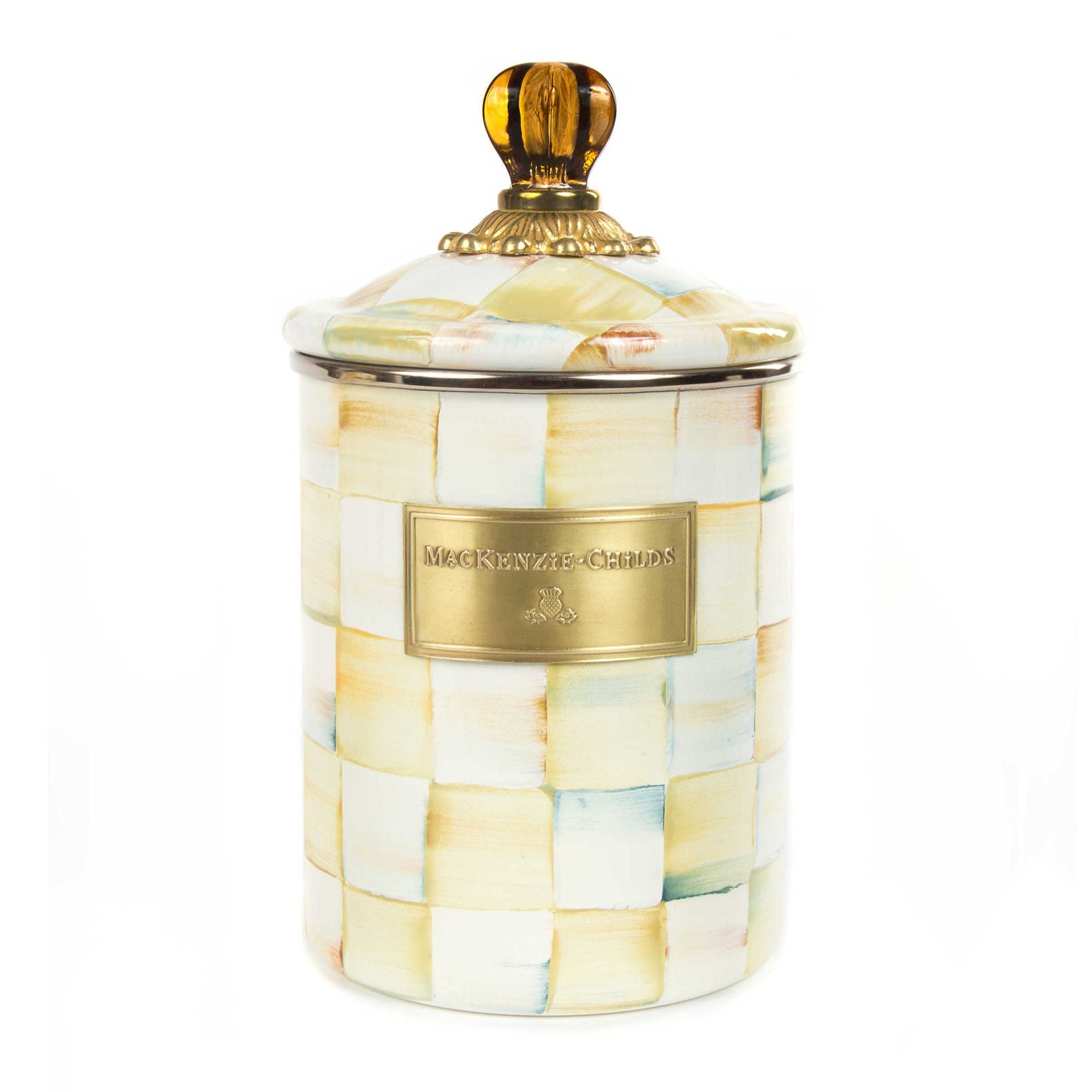 Luxury Parchment Check Enamel Canister Medium by Mackenzie-Childs - |VESIMI Design| Luxury and Rustic bathrooms online