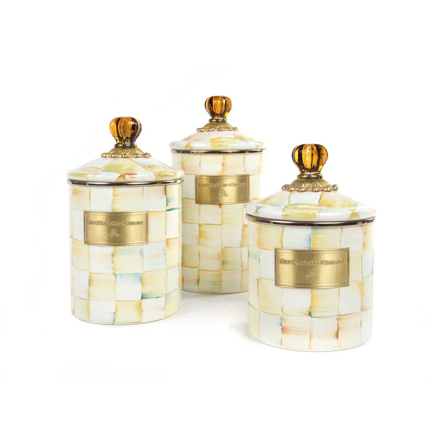 Luxury Parchment Check Enamel Canister Medium by Mackenzie-Childs - |VESIMI Design| Luxury and Rustic bathrooms online