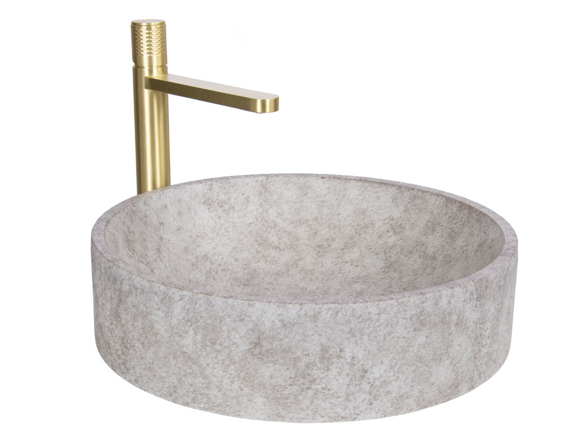 Natural Beige Skirted Concrete Sink with Satin Gold Faucet - |VESIMI Design| Luxury and Rustic bathrooms online