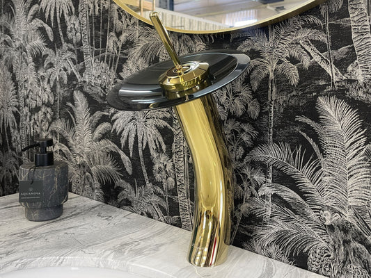 New '23 Collection Waterfall Vessel Sink Faucet Gold - Black Frosted Glass - |VESIMI Design| Luxury and Rustic bathrooms online
