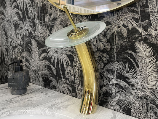 New '23 Collection Waterfall Vessel Sink Faucet Gold - White Frosted Glass - |VESIMI Design| Luxury and Rustic bathrooms online