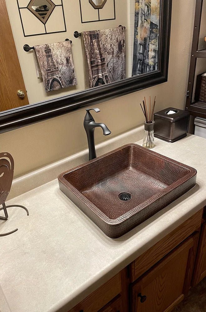 Rectangle Skirted Vessel Hand Hammered Copper Sink - |VESIMI Design| Luxury and Rustic bathrooms online