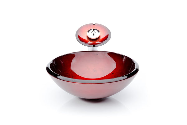 Red Leaf Round Glass Vessel Sink Combo Waterfall Faucet Set