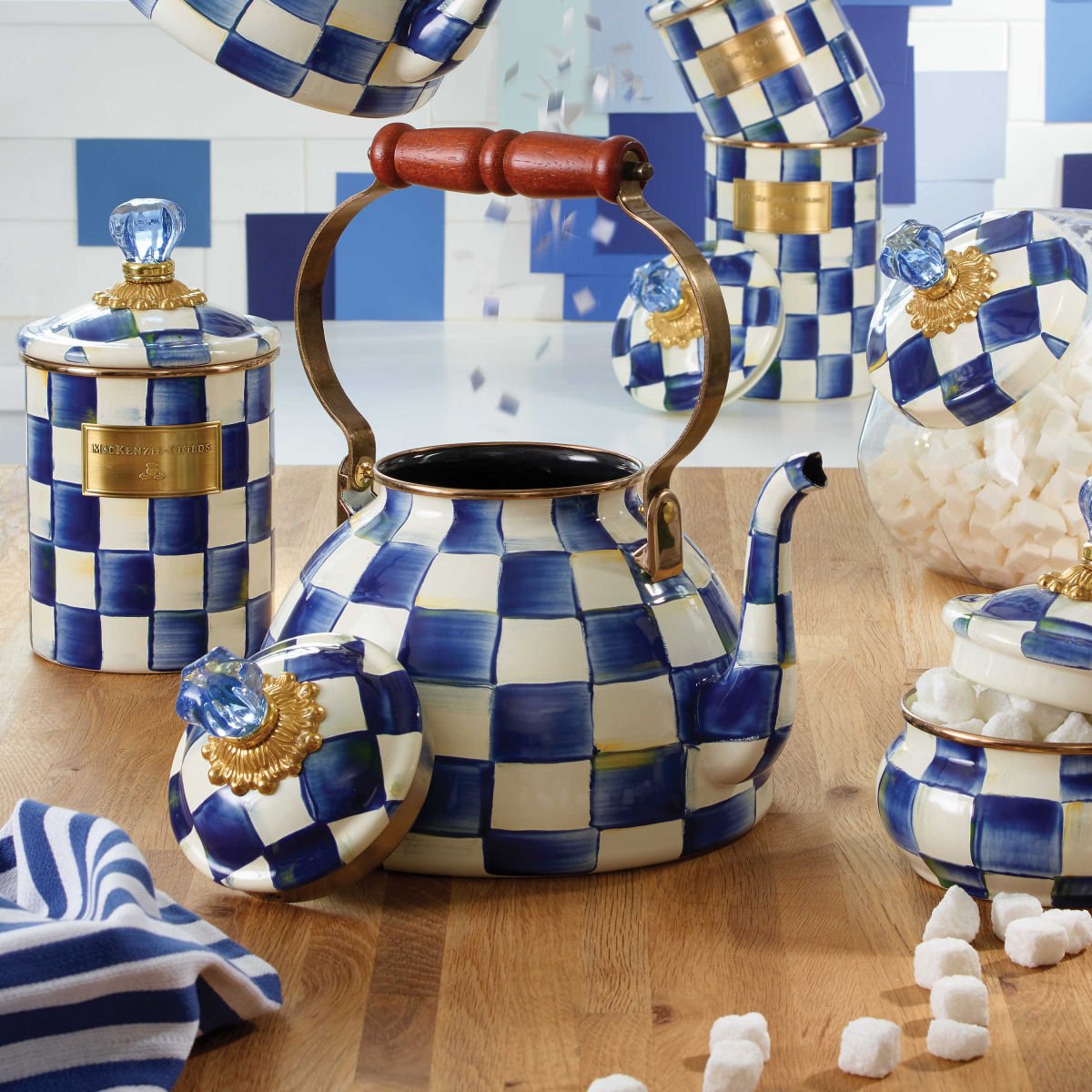 Royal Check Blue Enamel Tea Kettle by Mackenzie-Childs 2.84L - |VESIMI Design| Luxury and Rustic bathrooms online