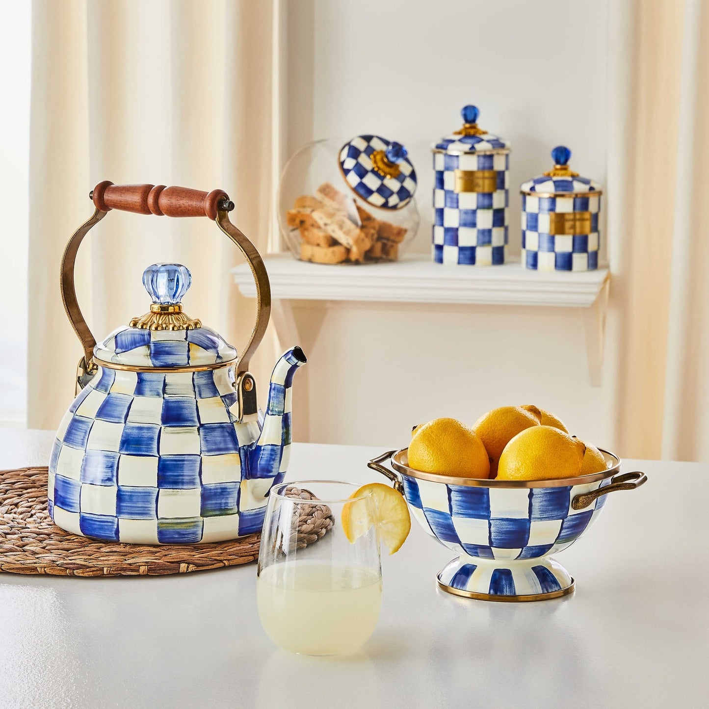 Royal Check Luxury Blue Cookie Jar Enamel Lid by Mackenzie-Childs - |VESIMI Design| Luxury and Rustic bathrooms online