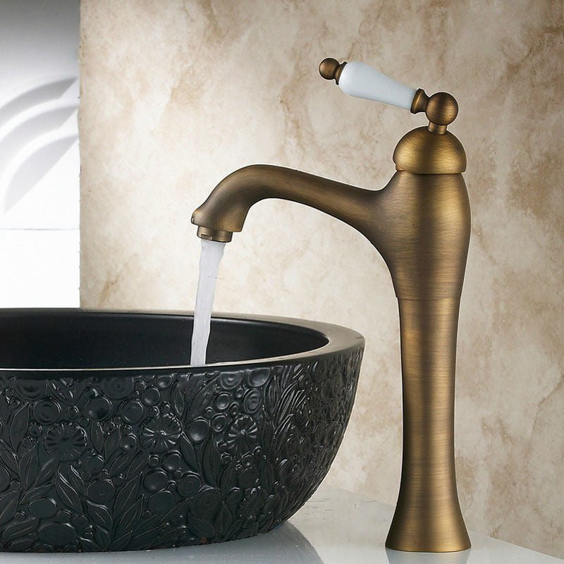 Single Handle Antique Brass Vessel Sink Faucet with Ceramic Handle - |VESIMI Design| Luxury and Rustic bathrooms online
