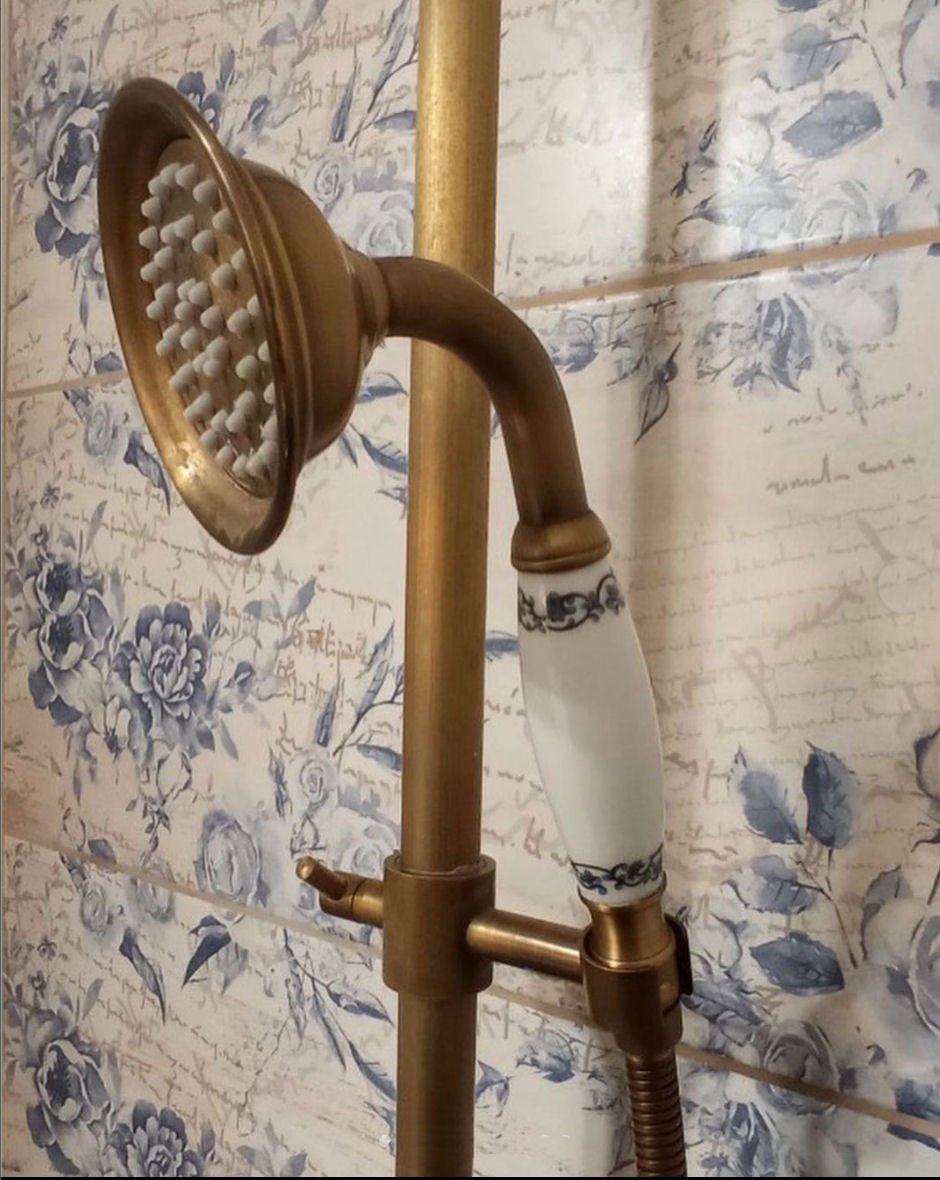 Unlacquered Rustic Antique Brass Telephone Style Shower - |VESIMI Design| Luxury and Rustic bathrooms online